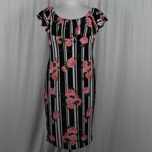 Full Circle Trends Size 1X Floral with Black and White Stripes Ruffles Dress